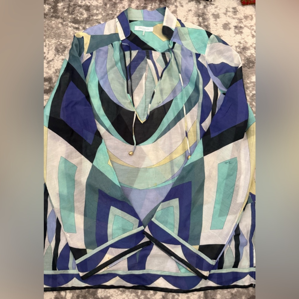 Pucci Geometric Patterned Blouse in Blue and Green